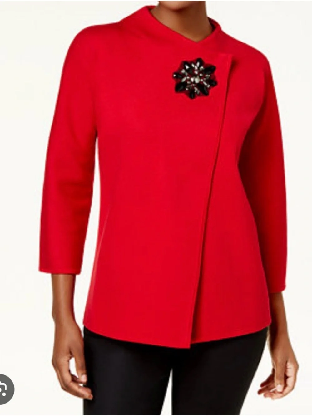 **NWT** JM Collection Red Asymmetrical Sweater Jacket & Jeweled Brooch Size - L - Picture 2 of 11